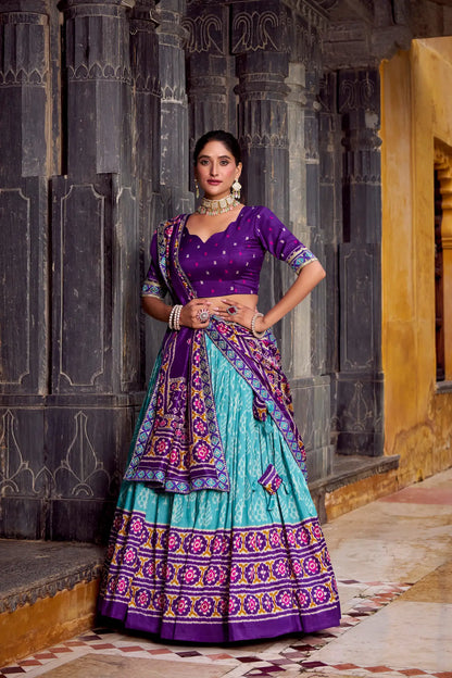 Sea Blue Tussar Silk Ikkat Printed Lehenga Choli
