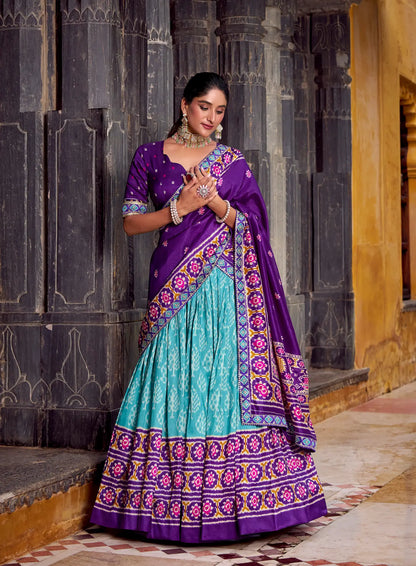 Sea Blue Tussar Silk Ikkat Printed Lehenga Choli