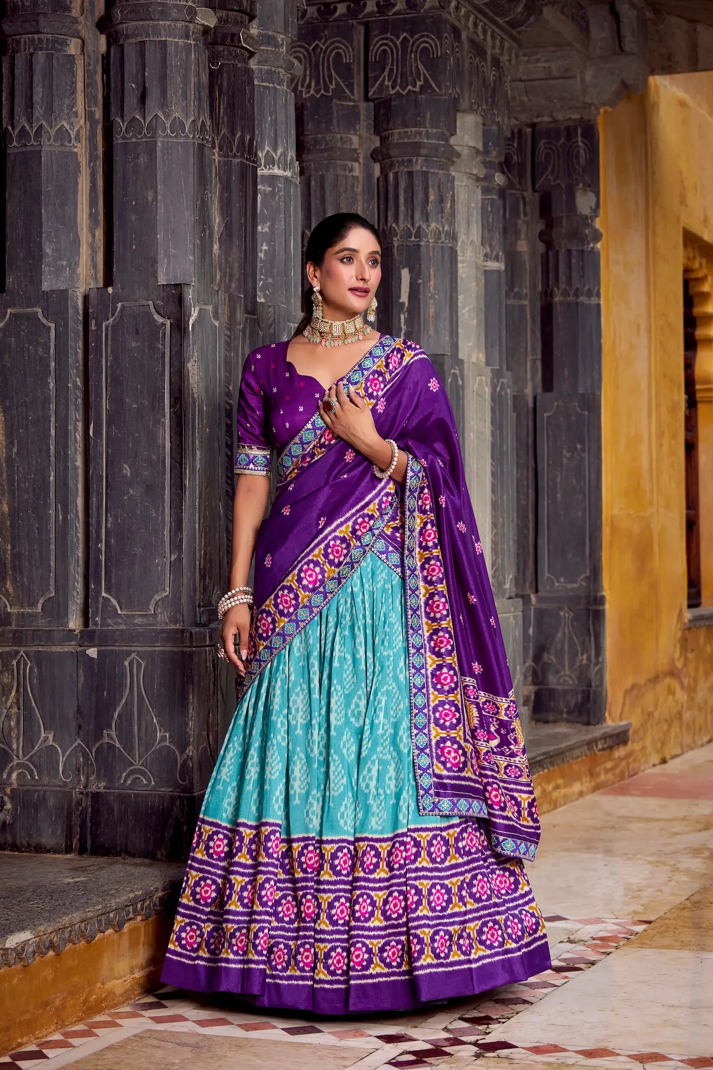 Sea Blue Tussar Silk Ikkat Printed Lehenga Choli