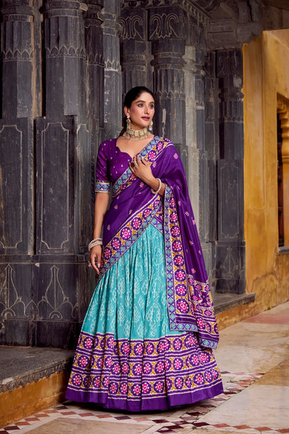 Sea Blue Tussar Silk Ikkat Printed Lehenga Choli
