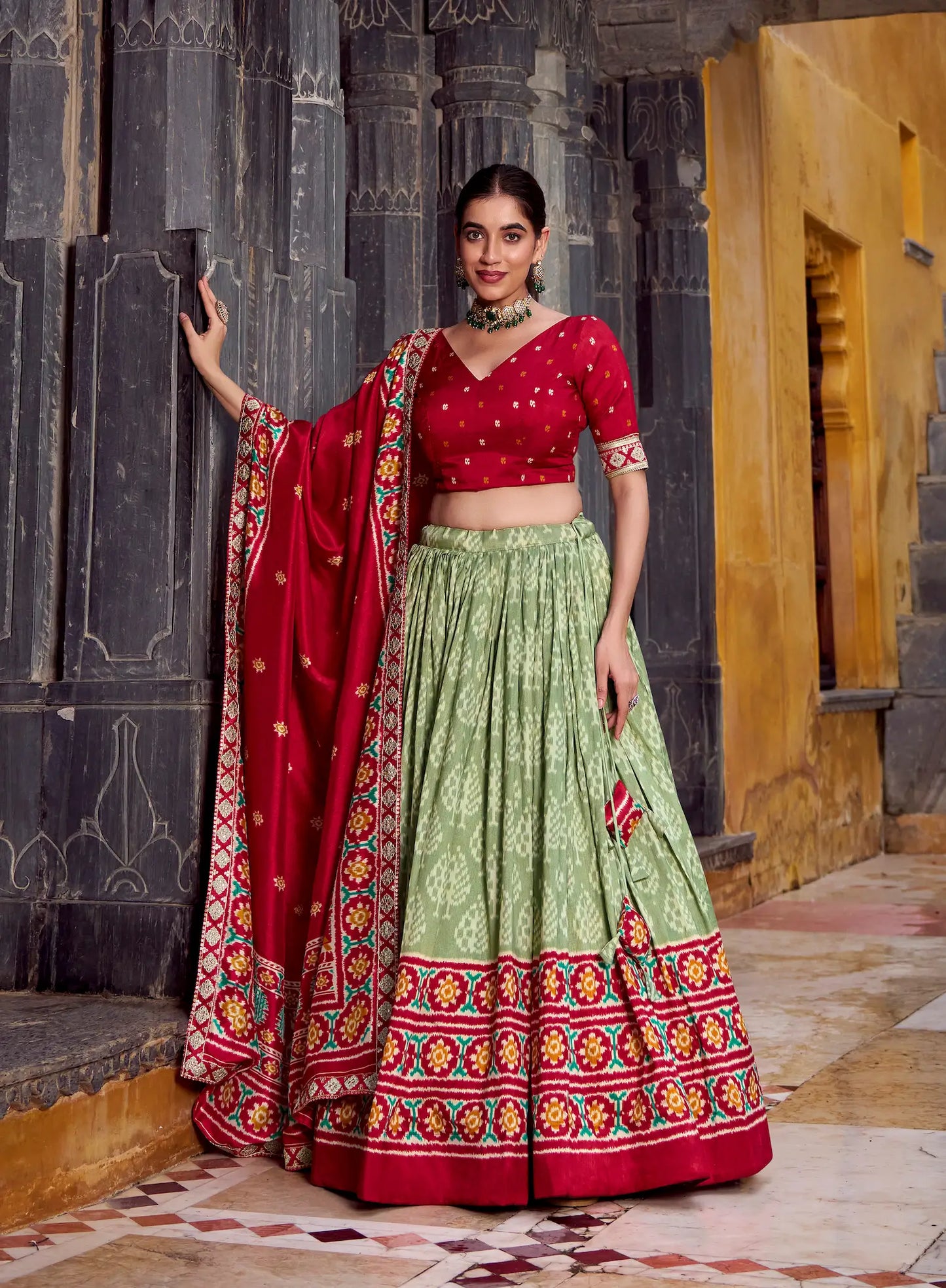 Sea Green Tussar Silk Ikkat Printed Lehenga Choli