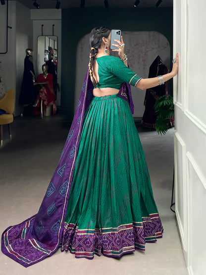 Sea Green Tasar Silk Lehenga Choli With Bandhej Print & Lace Touch Up
