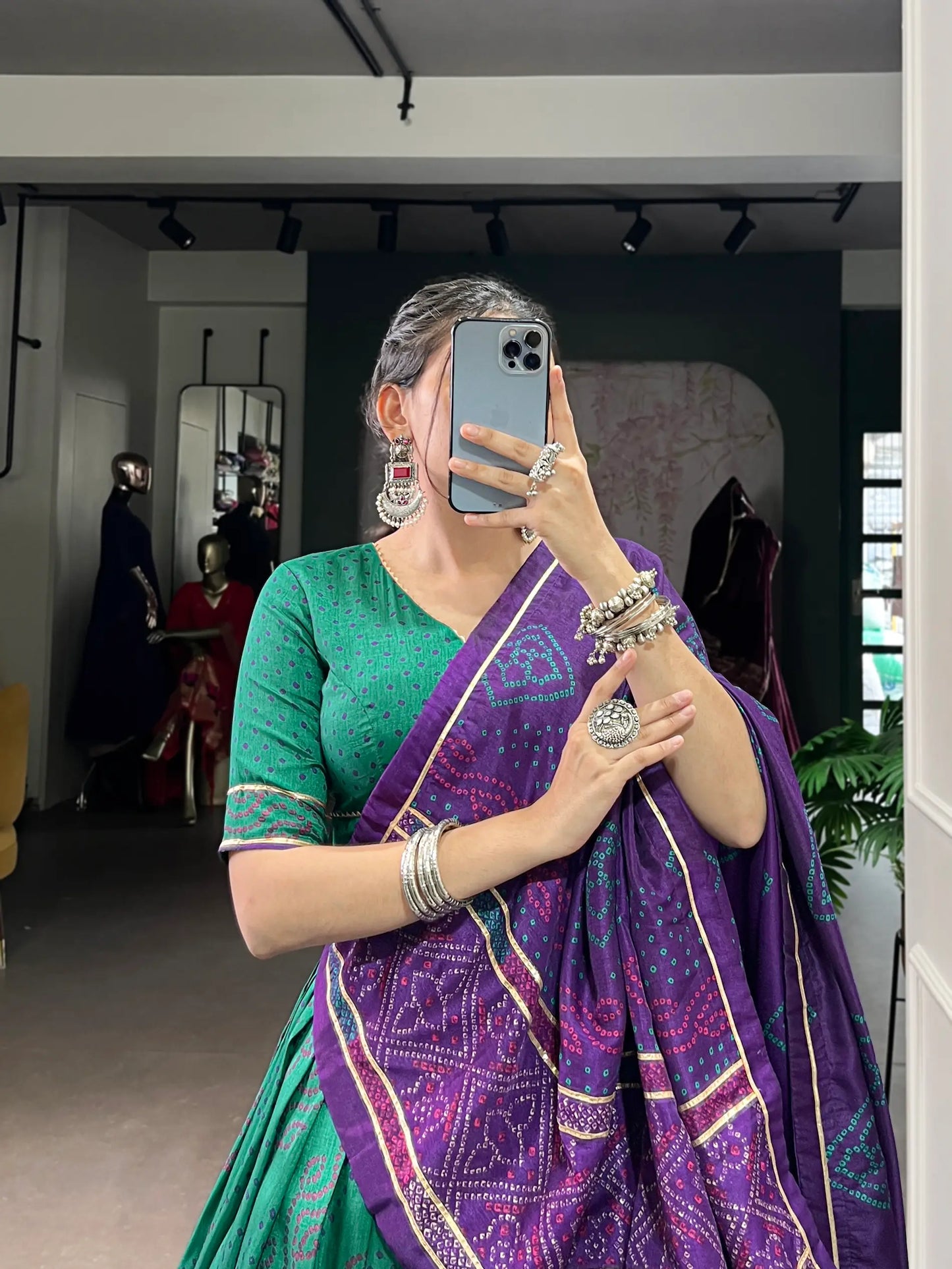 Sea Green Tasar Silk Lehenga Choli With Bandhej Print & Lace Touch Up