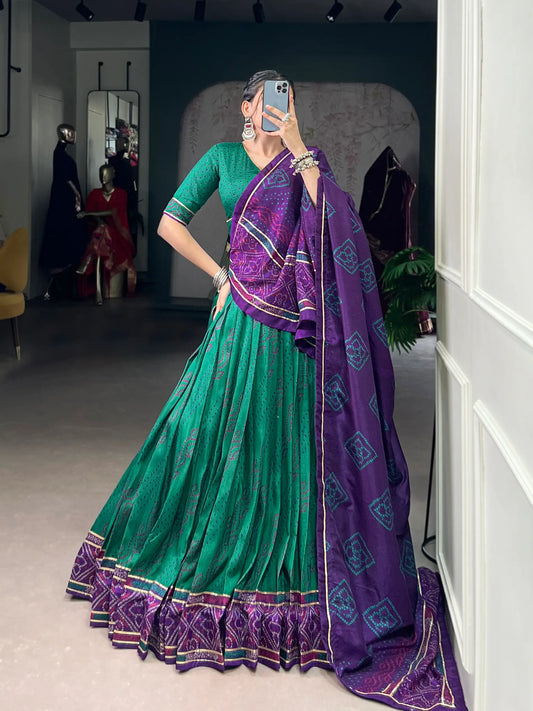 Sea Green Tasar Silk Lehenga Choli With Bandhej Print & Lace Touch Up