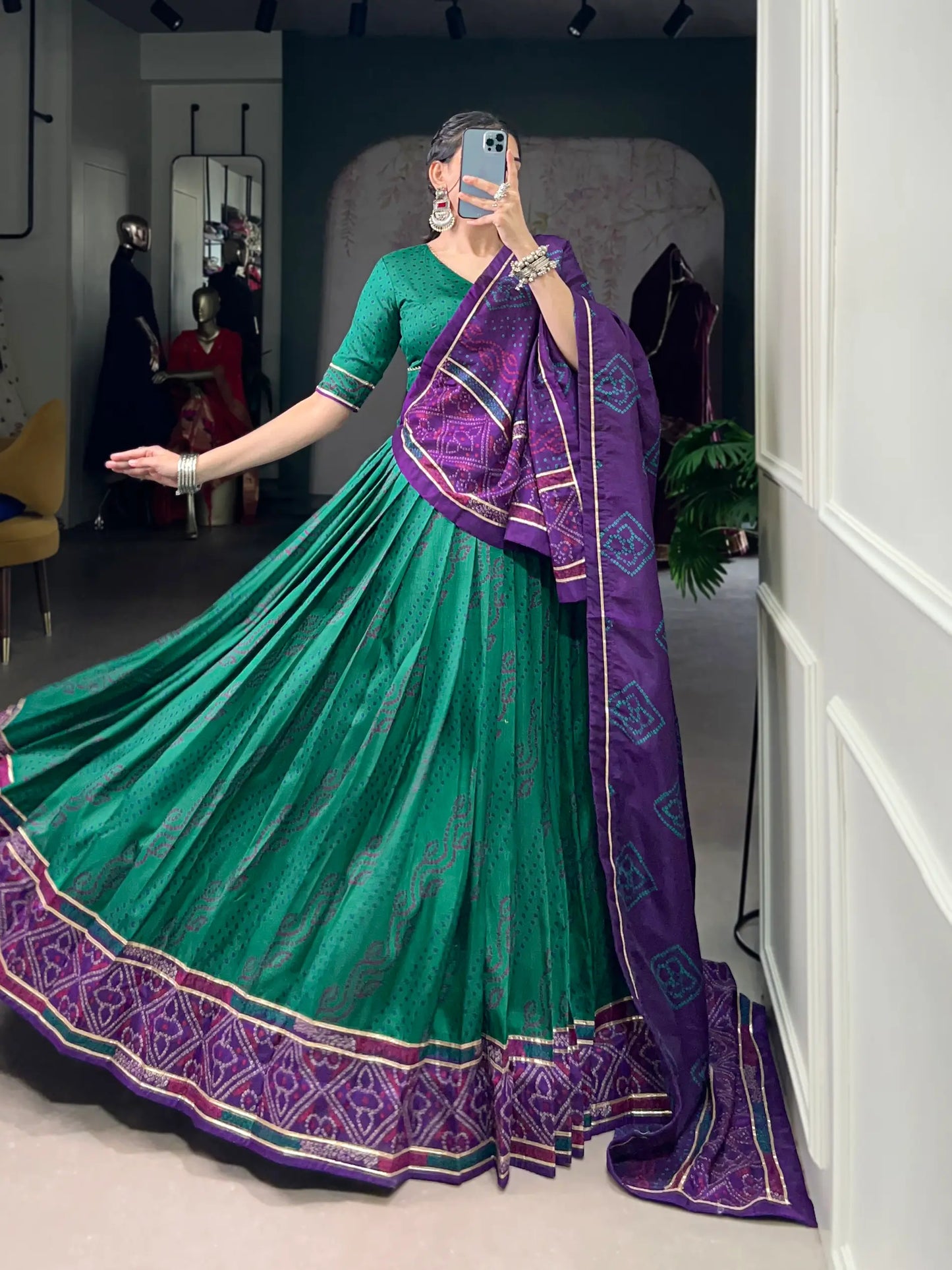 Sea Green Tasar Silk Lehenga Choli With Bandhej Print & Lace Touch Up