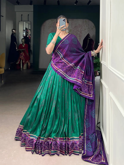 Sea Green Tasar Silk Lehenga Choli With Bandhej Print & Lace Touch Up