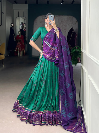 Sea Green Tasar Silk Lehenga Choli With Bandhej Print & Lace Touch Up