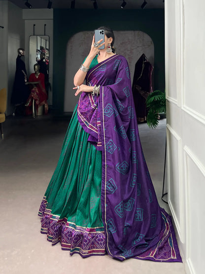 Sea Green Tasar Silk Lehenga Choli With Bandhej Print & Lace Touch Up