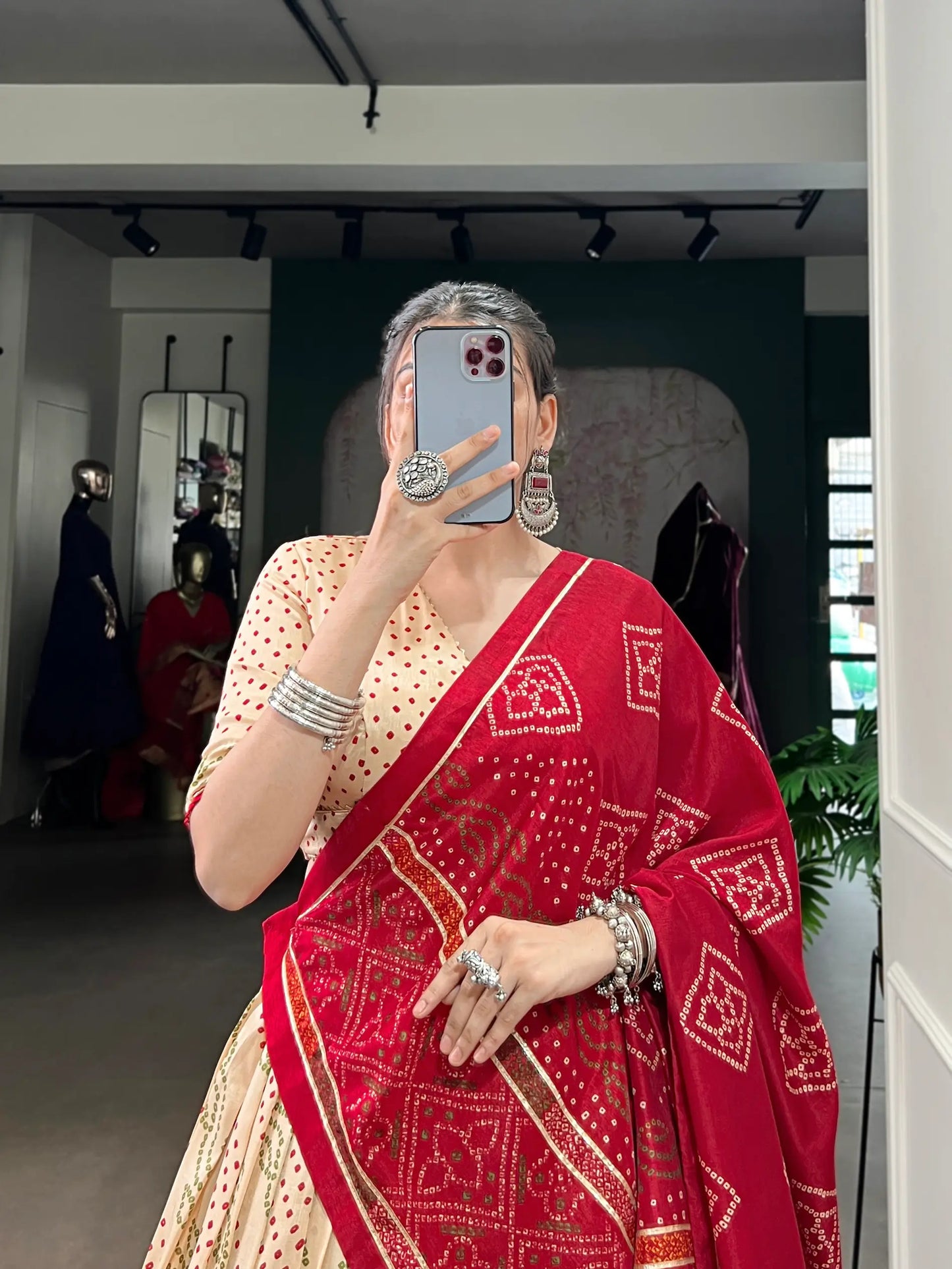 Beige Tasar Silk Lehenga Choli With Bandhej Print & Lace Touch Up