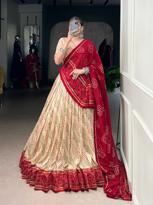 Beige Tasar Silk Lehenga Choli With Bandhej Print & Lace Touch Up