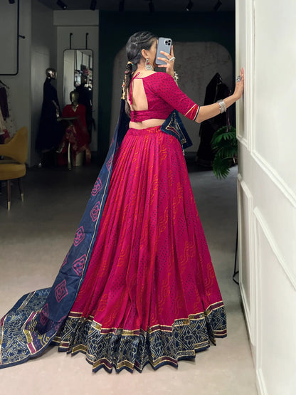 Dark Pink Tasar Silk Lehenga Choli With Bandhej Print & Lace Touch Up
