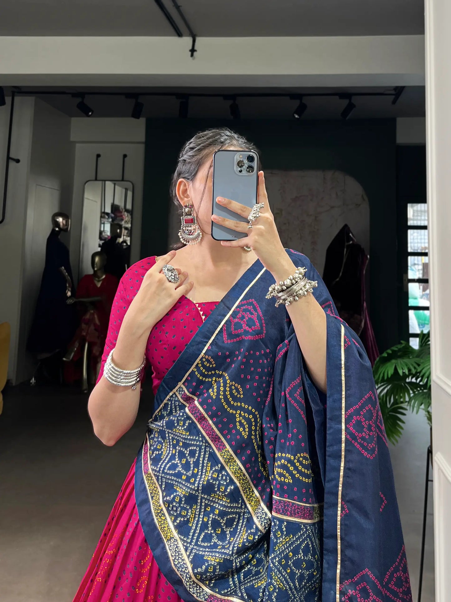 Dark Pink Tasar Silk Lehenga Choli With Bandhej Print & Lace Touch Up