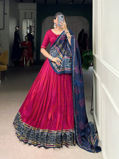 Dark Pink Tasar Silk Lehenga Choli With Bandhej Print & Lace Touch Up