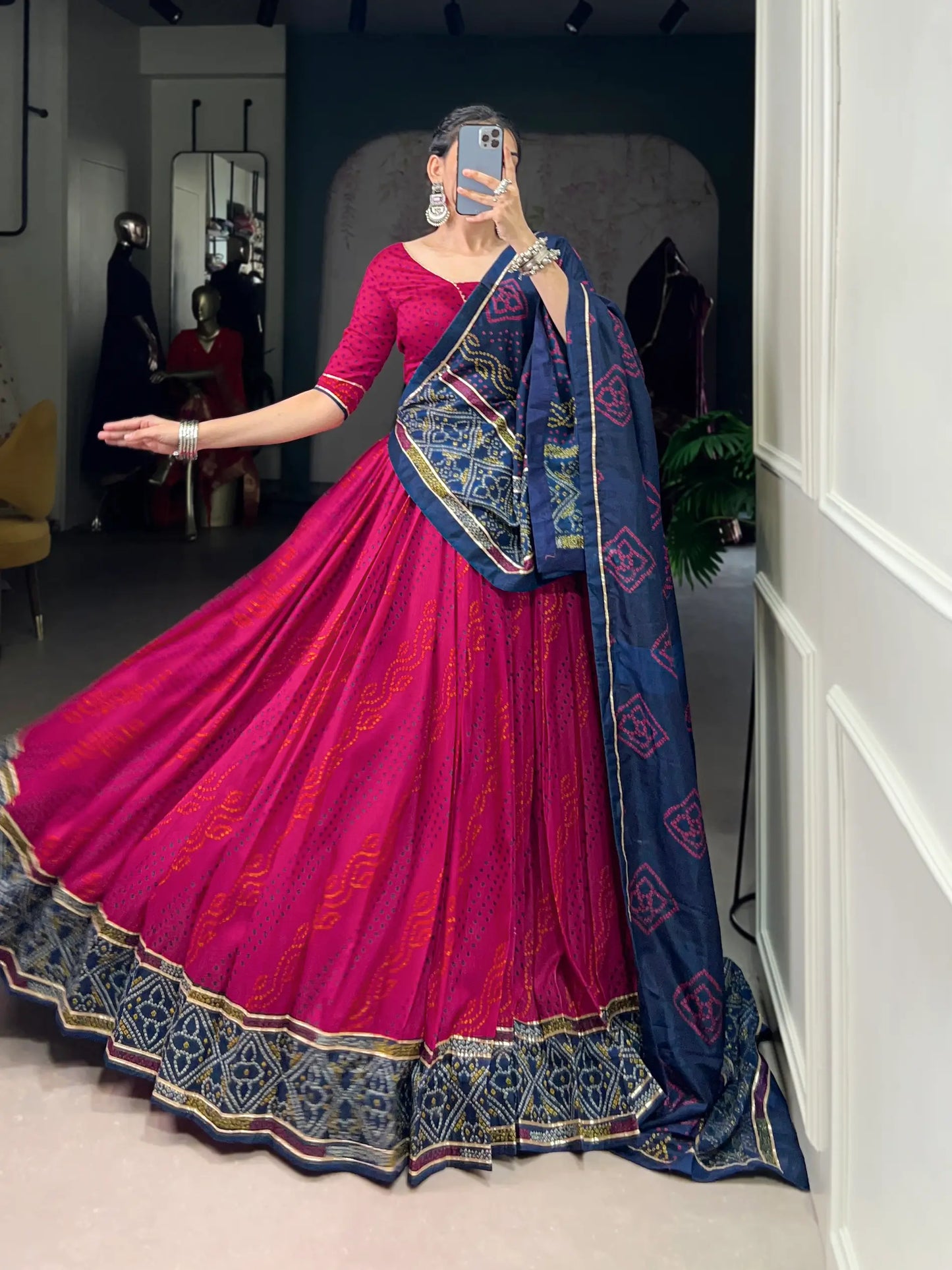 Dark Pink Tasar Silk Lehenga Choli With Bandhej Print & Lace Touch Up