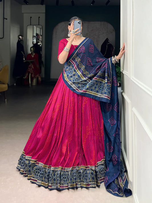 Dark Pink Tasar Silk Lehenga Choli With Bandhej Print & Lace Touch Up