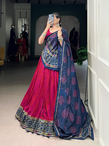 Dark Pink Tasar Silk Lehenga Choli With Bandhej Print & Lace Touch Up