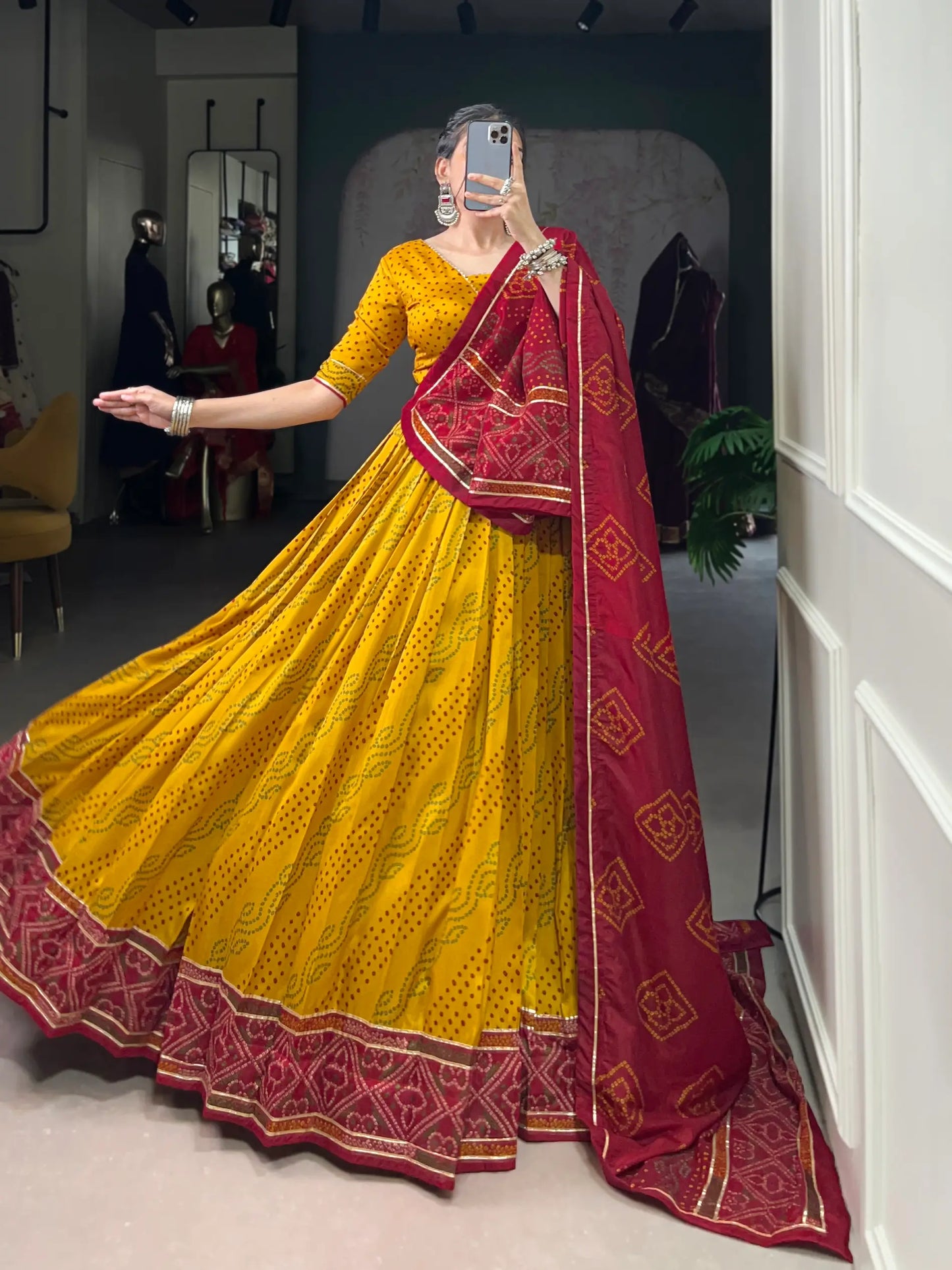 Yellow Tasar Silk Lehenga Choli With Bandhej Print & Lace Touch Up