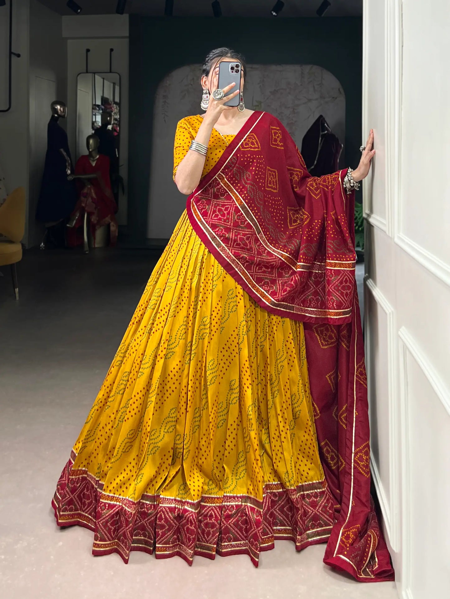 Yellow Tasar Silk Lehenga Choli With Bandhej Print & Lace Touch Up