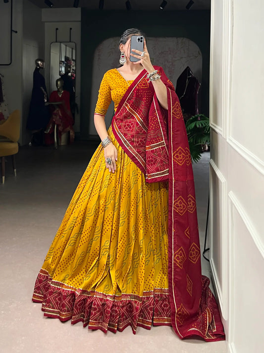 Yellow Tasar Silk Lehenga Choli With Bandhej Print & Lace Touch Up
