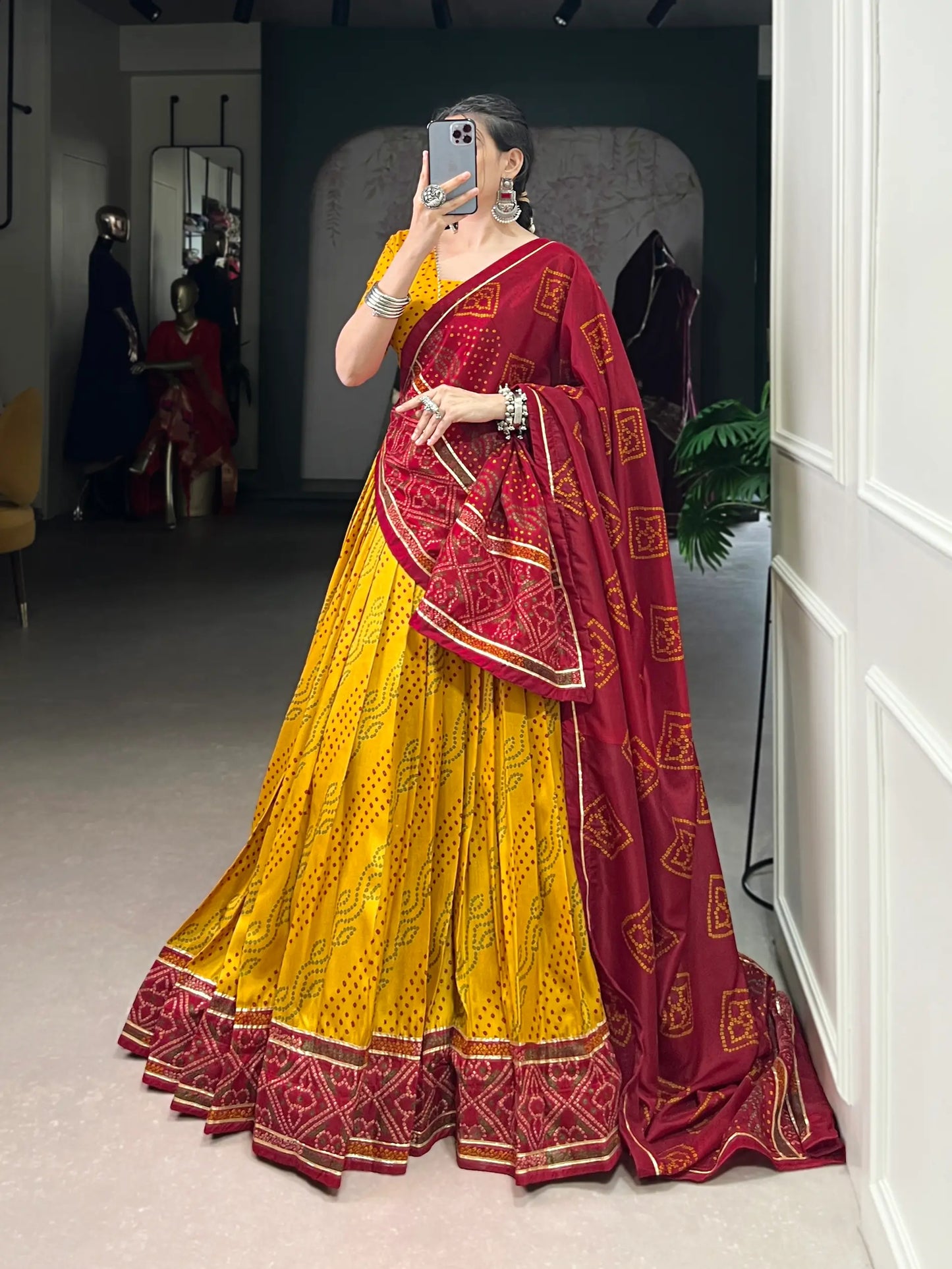 Yellow Tasar Silk Lehenga Choli With Bandhej Print & Lace Touch Up