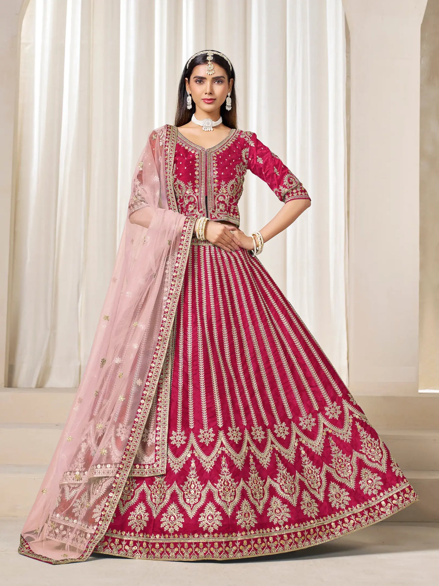Red Art Silk Thread & Sequins Embroidery Lehenga Choli