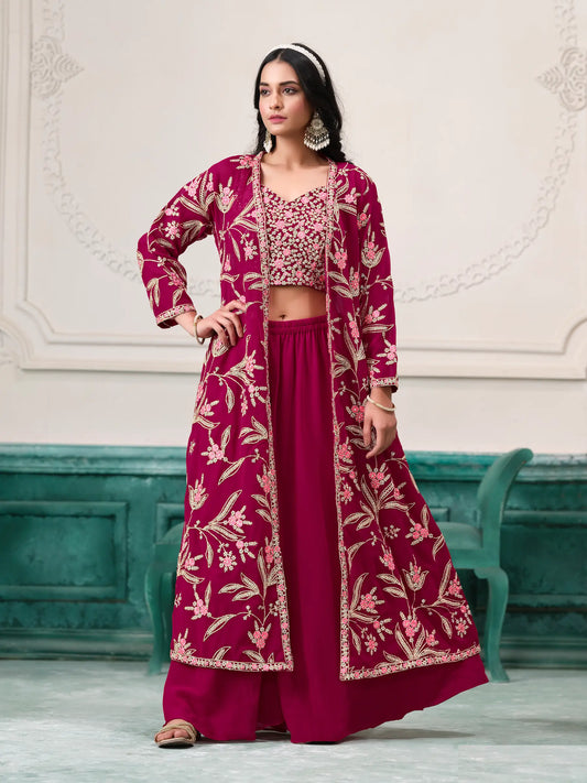 Pink Georgette Indo Western Set With Thread & Sequins Embroidery Work