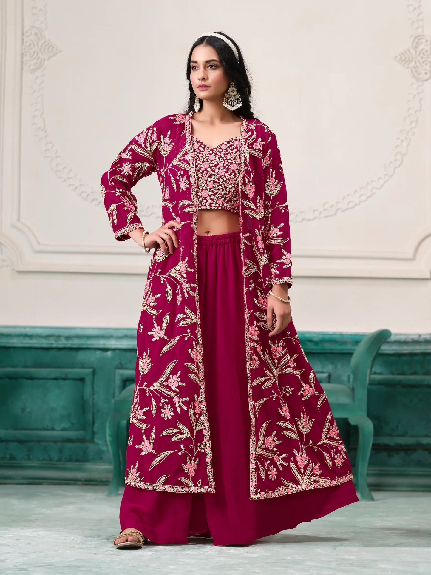 Pink Georgette Indo Western Set With Thread & Sequins Embroidery Work