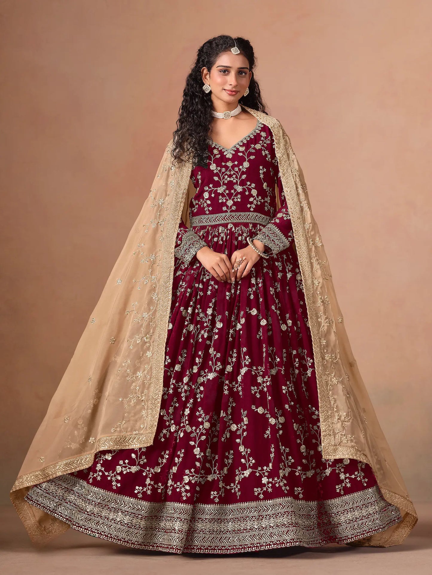 Maroon Georgette Embroidery Gown With Organza Dupatta