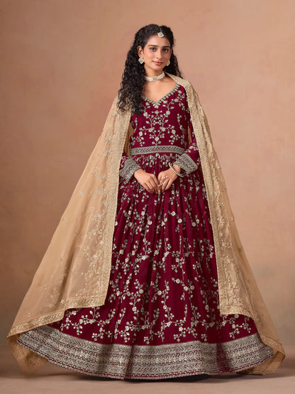 Maroon Georgette Embroidery Gown With Organza Dupatta