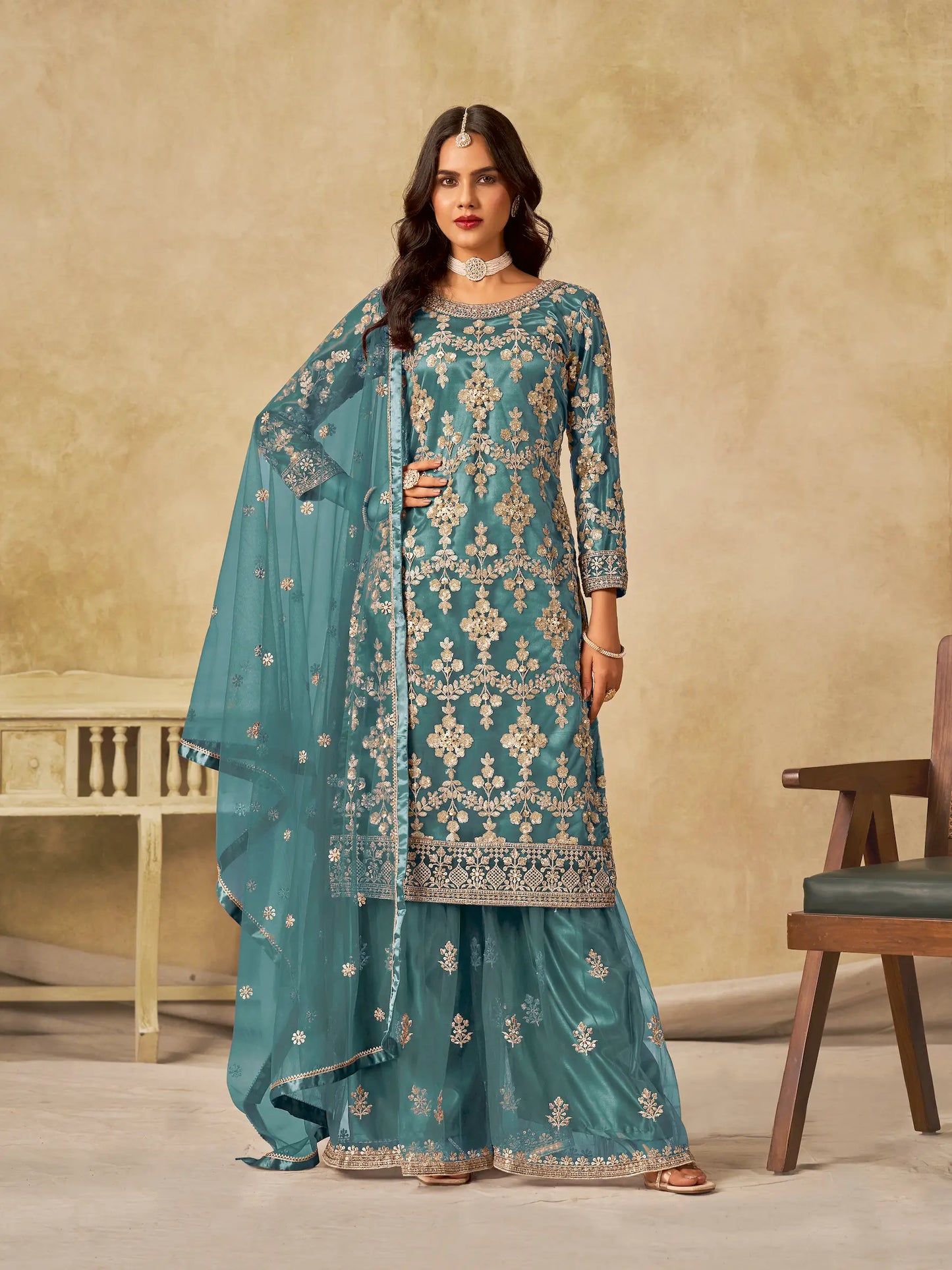 Dusty Teal Net Palazzo Suit With Sequins Embroidery
