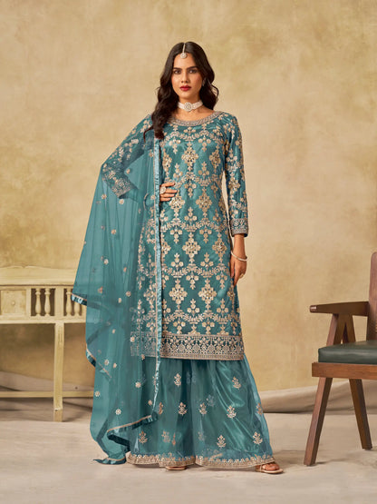Dusty Teal Net Palazzo Suit With Sequins Embroidery