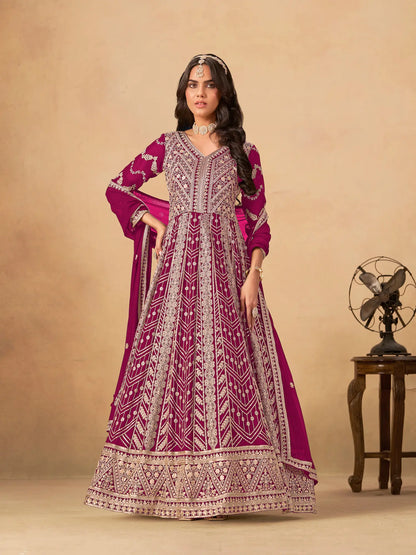 Dark Fuchsia Georgette Embroidery Work Gown