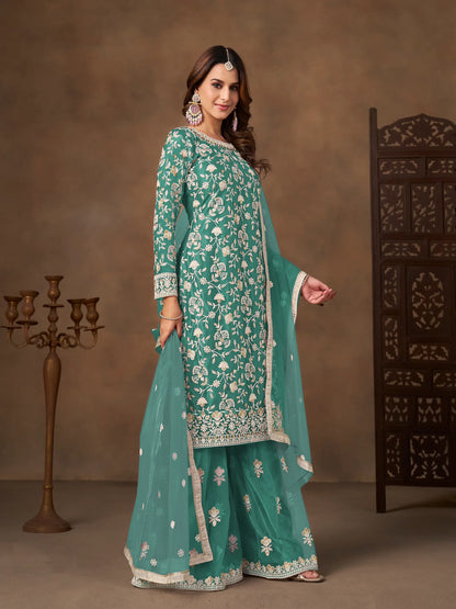 Dusty Teal Net Embroidery Palazzo Suit