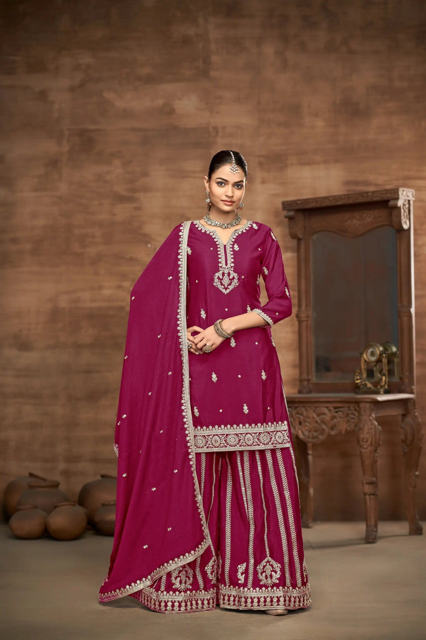 Dark Pink Chinon Palazzo Salwar Suit With Thread & Sequins Embroidery Work