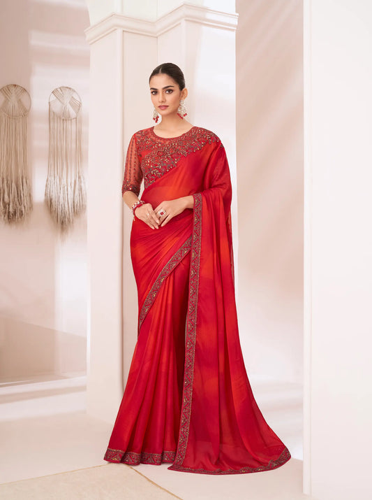 Red Shaded Silver Chiffon Party Wear Saree With Sequence & Thread Embroidery Work