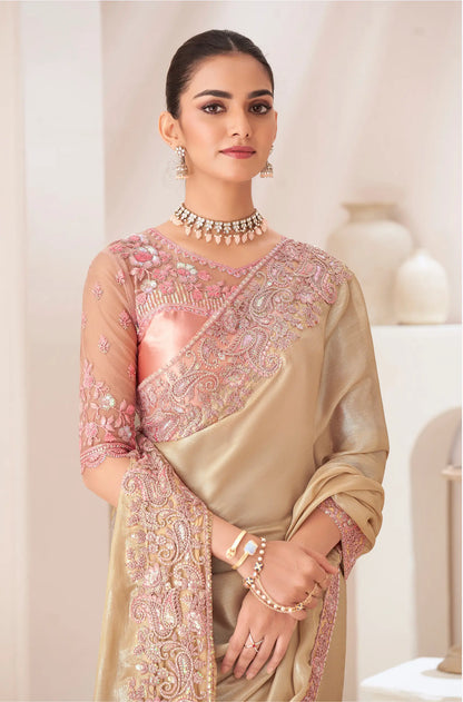 Golden Satin Chiffon Party Wear Saree With Sequence & Thread Embroidery Work