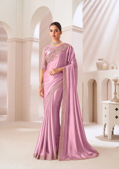 Light Pink Satin Chiffon Party Wear Saree With Sequence & Thread Embroidery Work