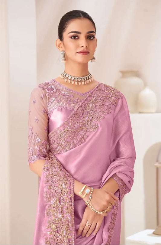 Light Pink Satin Chiffon Party Wear Saree With Sequence & Thread Embroidery Work