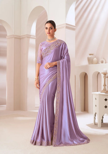 Lavender Satin Chiffon Party Wear Saree With Sequence & Thread Embroidery Work