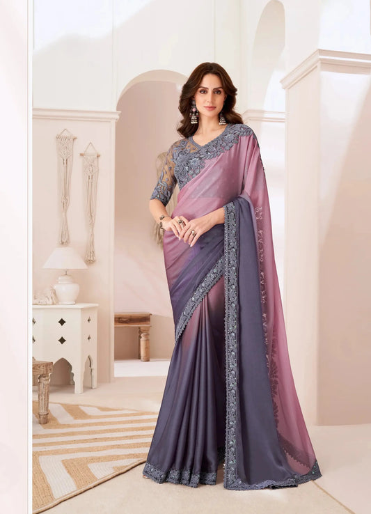 Dusty Shaded Chiffon Party Wear Saree With Sequence & Thread Embroidery Work