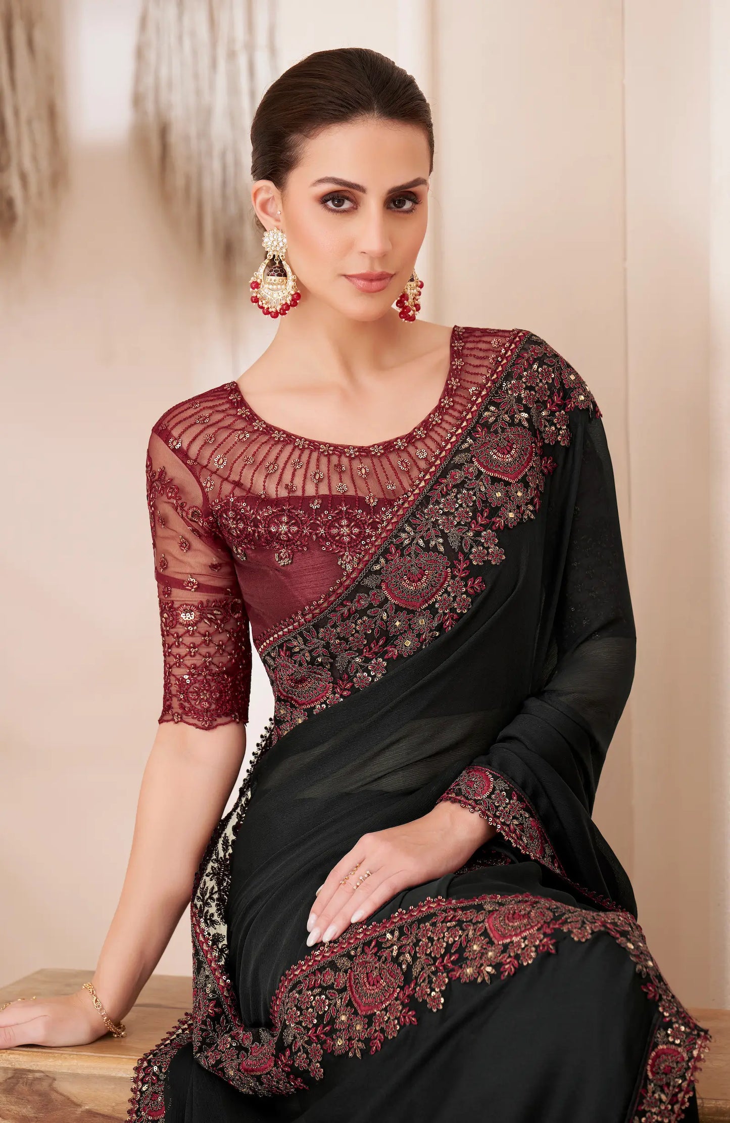 Black Chiffon Party Wear Saree With Sequence & Thread Embroidery Work