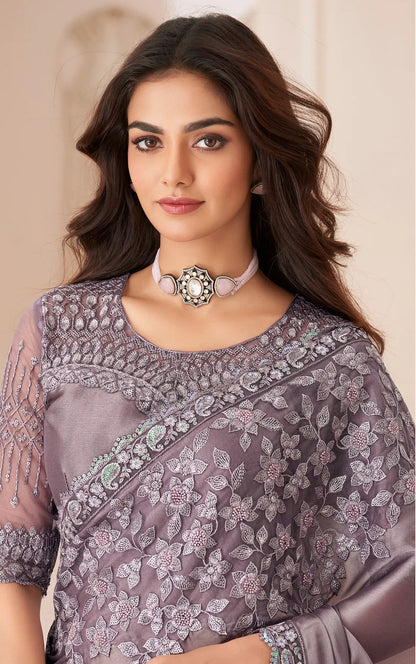 Dusty Lavender Satin Silk Party Wear Saree With Sequence & Thread Embroidery Work