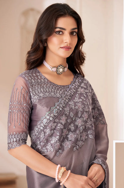 Dusty Lavender Satin Silk Party Wear Saree With Sequence & Thread Embroidery Work
