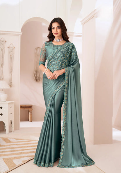 Dusty Green Satin Silk Party Wear Saree With Sequence & Thread Embroidery Work