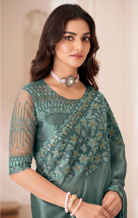 Dusty Green Satin Silk Party Wear Saree With Sequence & Thread Embroidery Work