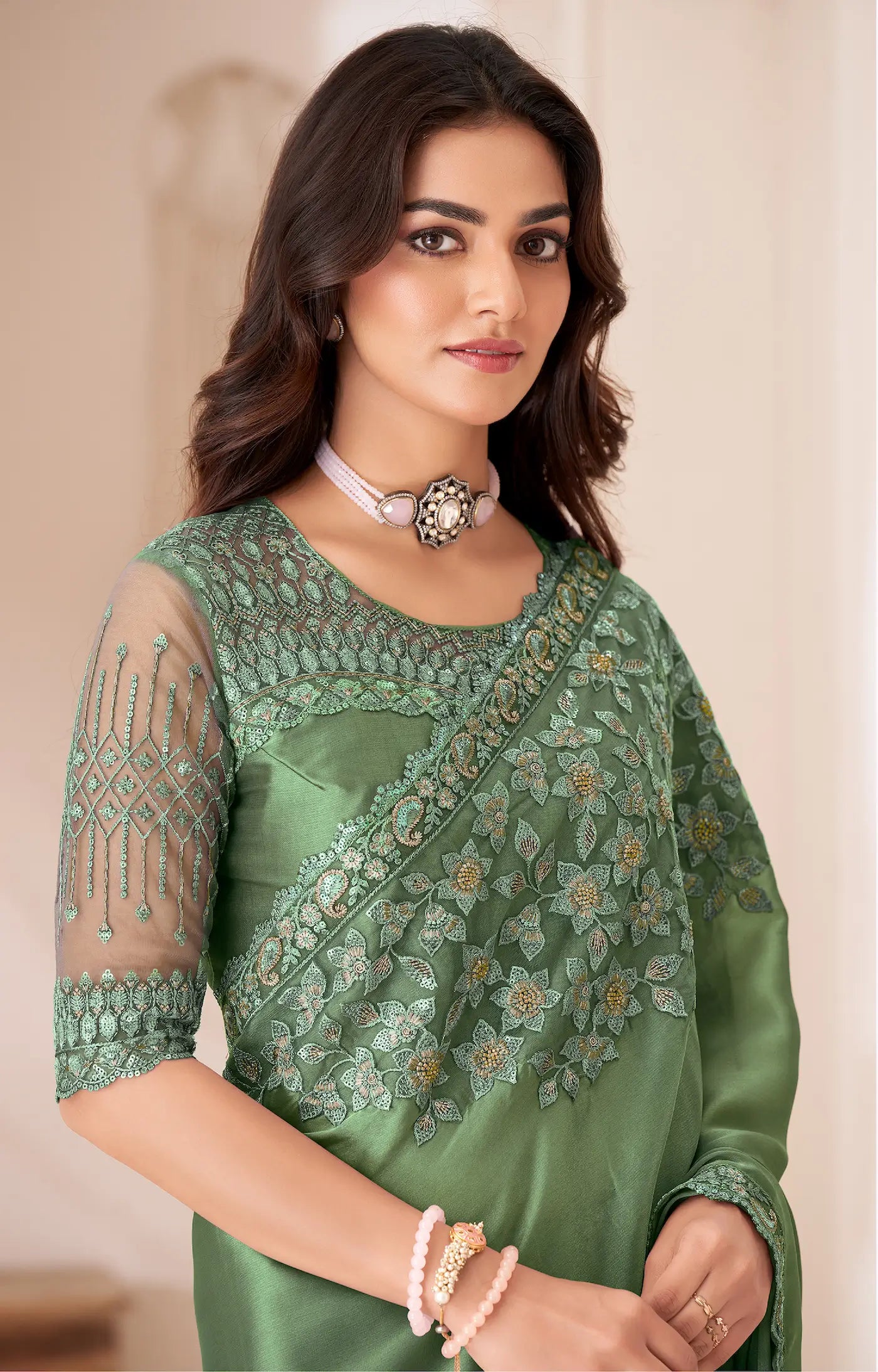 Army Green Satin Silk Party Wear Saree With Sequence & Thread Embroidery Work