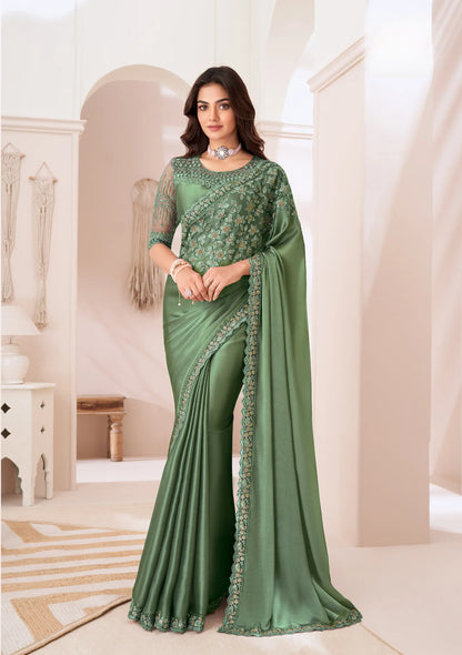 Army Green Satin Silk Party Wear Saree With Sequence & Thread Embroidery Work