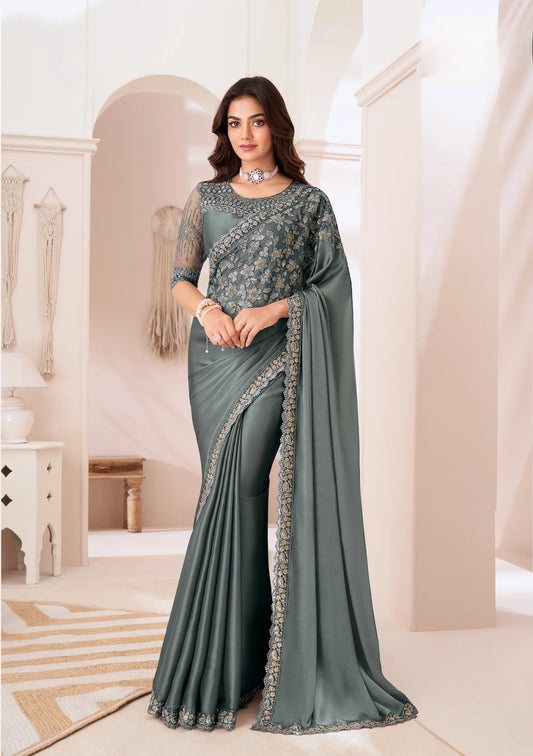 Grey Satin Silk Party Wear Saree With Sequence & Thread Embroidery Work