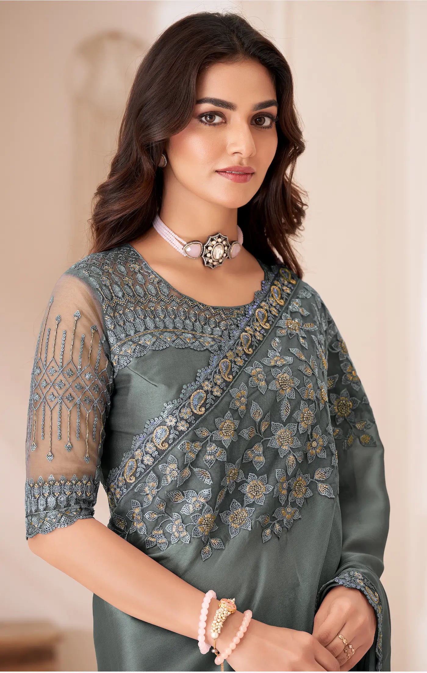 Grey Satin Silk Party Wear Saree With Sequence & Thread Embroidery Work