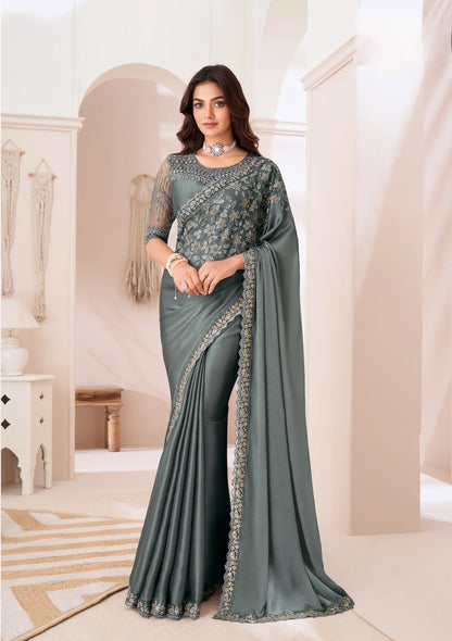 Grey Satin Silk Party Wear Saree With Sequence & Thread Embroidery Work